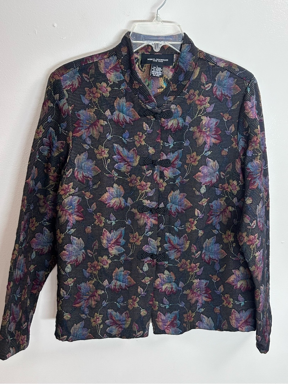 Vintage Meryl Diamond NY Autumn Leaf Print Tapestry Jacket Mandarin Collar Large